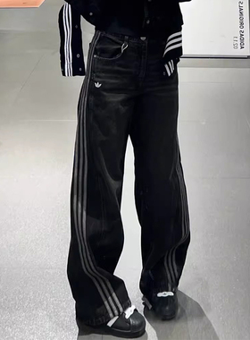 Adidas阿迪达斯三叶草弯刀牛仔裤女三条杠时尚百搭休闲长裤JX6865