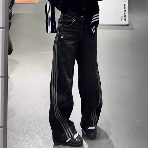 Adidas阿迪达斯三叶草弯刀牛仔裤女三条杠时尚百搭休闲长裤JX6865