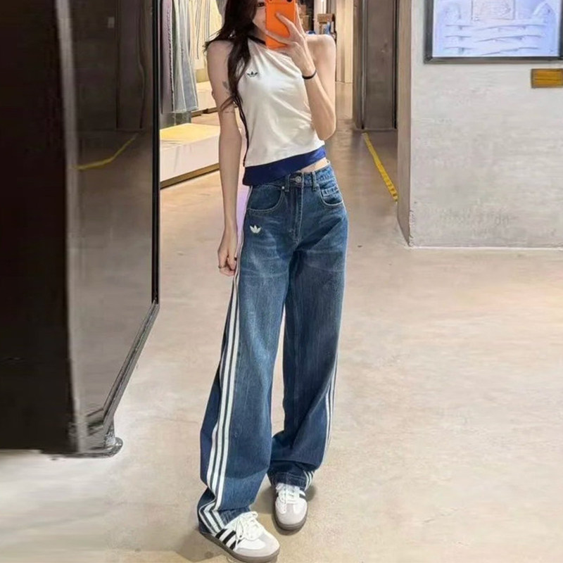 Adidas阿迪达斯三叶草女裤复古休闲百搭牛仔裤显瘦直筒长裤KW2094