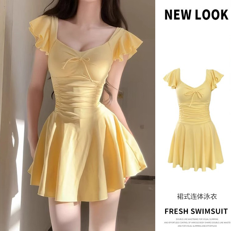 2025新款连体泳衣女款纯色清新裙式保守显瘦遮肉遮肚学生温泉泳衣