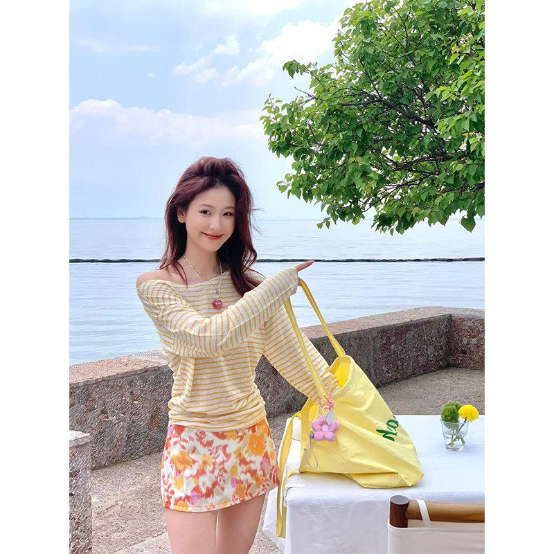 新款甜美少女比基尼四件套小胸分体长袖罩衫海边度假风泡温泉泳衣