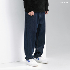 「GAHA」原创潮牌美式深蓝色水洗丹宁牛仔裤男宽松小脚百搭休闲裤