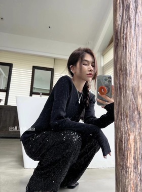 ALL IN studio秋季新款时尚性感露背针织衫黑色圆领打底修身毛衣