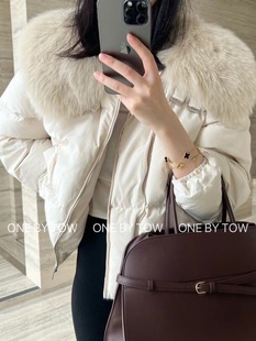 ONEBYTOW狐狸毛领羽绒服女23年冬季新款短款白鸭绒保暖外套潮6662