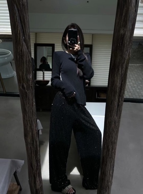 ALL IN studio 秋季新款2023韩版松紧腰亮皮休闲裤垂感宽松拖地裤