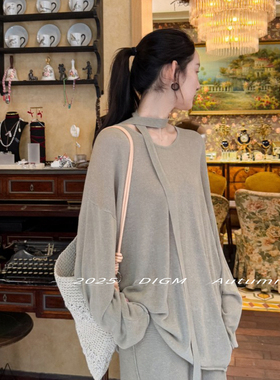 DIGM  秋季简约松弛感纯色亚麻针织衫配领绳（含12%亚麻） A81070