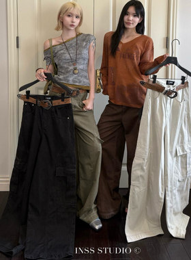 INSS 2025夏季美式做旧阔腿弯刀裤牛仔工装裤(配腰带)90965