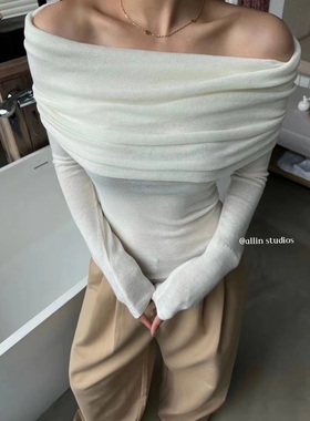 ALL IN studio法式一字肩长袖针织打底衫温柔纯欲风修身套头上衣