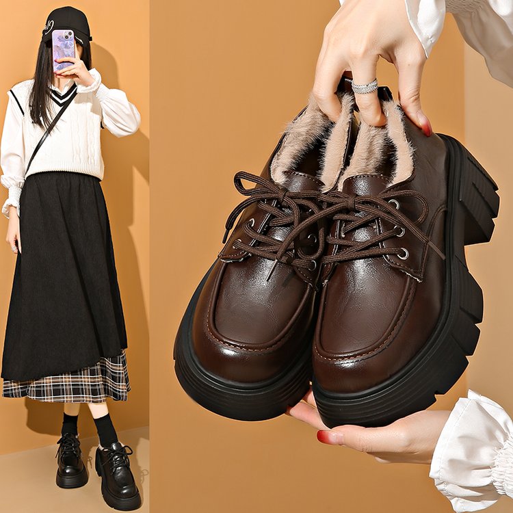 2025新款复古英伦风单款加绒小皮鞋春季厚底系带是女款加绒乐福鞋