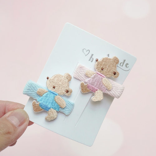 日本familiar家风格可爱卡通刺绣小熊棉布全包婴儿碎发夹