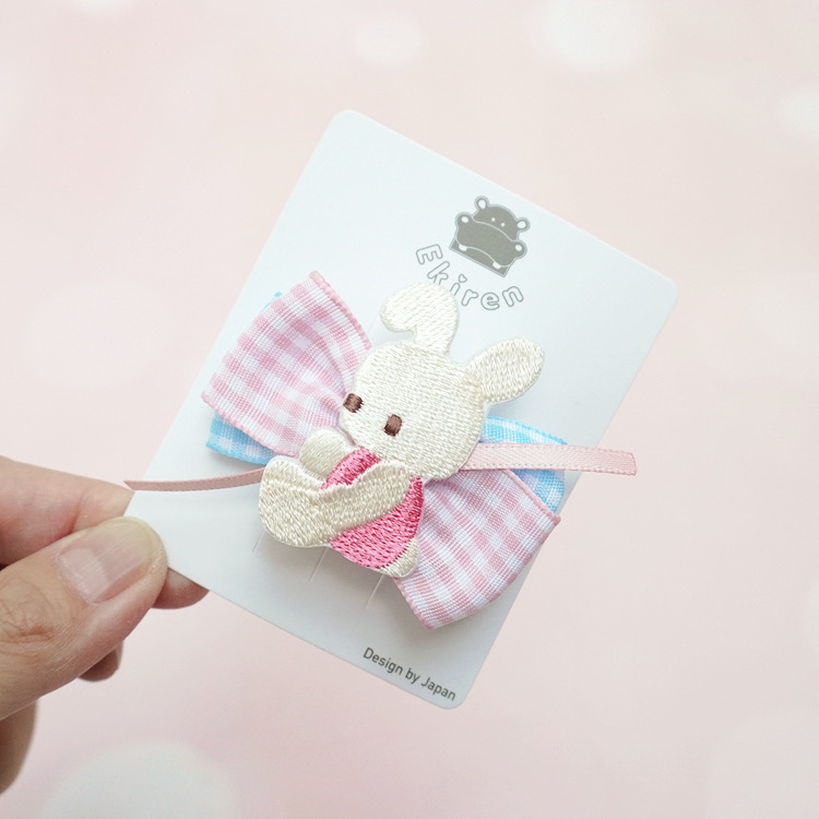 日本familiar风格卡通格纹粉嫩嫩可爱刺绣小熊双蝴蝶结发夹鸭嘴夹