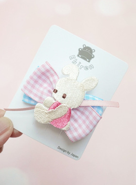 日本familiar风格卡通格纹粉嫩嫩可爱刺绣小熊双蝴蝶结发夹鸭嘴夹