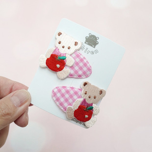 韩国进口材料日本familiar同款可爱卡通刺绣小熊格纹发夹BB夹