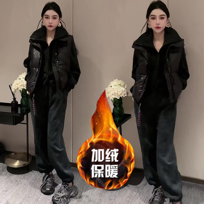 时尚套装女2024冬季新款欧货高级感棉马甲加绒加厚卫衣卫裤三件套