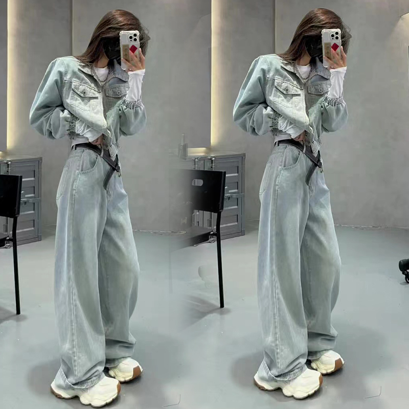 欧货牛仔套装女2024年早秋时尚短款收腰外套直筒阔腿拖地裤两件套