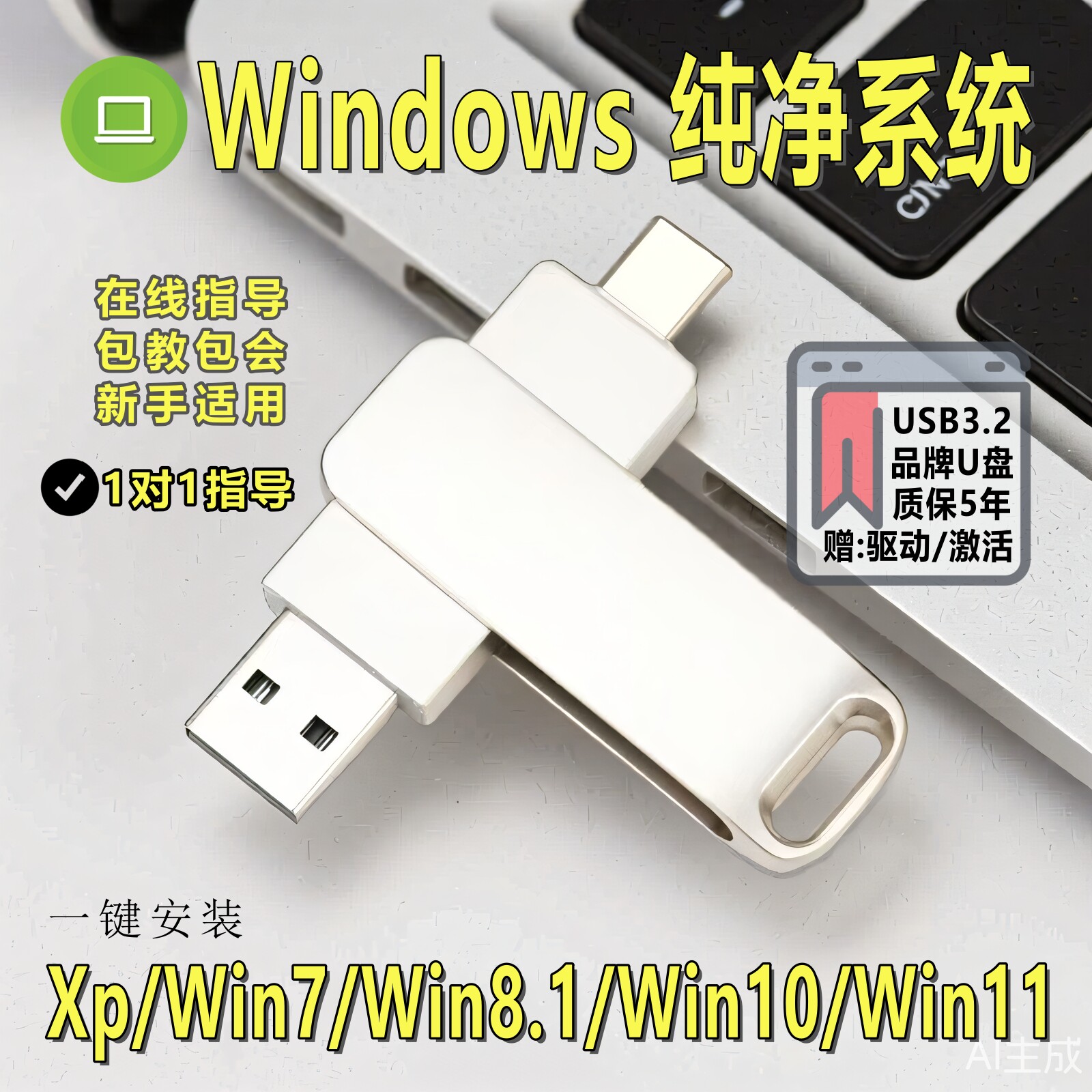 电脑系统装机u盘win7/10/11正版一键安装xp纯净版重装升级PE优盘