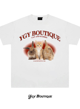 YGY潮牌320g重磅纯棉猫咪印花T恤2026年夏季学生百搭情侣短袖上衣