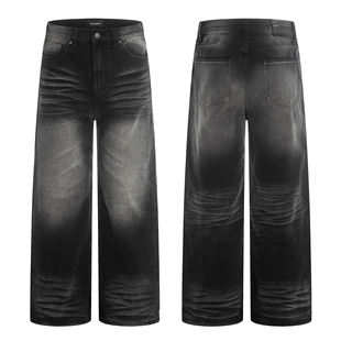 YGY美式水洗立体猫须弯刀黑牛仔裤男款微喇直筒cleanfi裤子潮