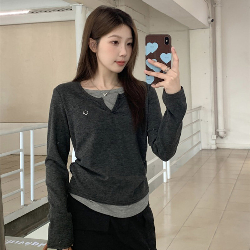 假两件撞色长袖T恤百搭外穿上衣