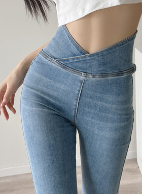 新款全弹力无拉链设计感高腰提臀牛仔喇叭裤复古美式喇叭裤子女AW