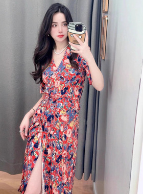 红色V领印花连衣裙25春夏飘逸短袖系带一片裙中长款复古雪纺裙女