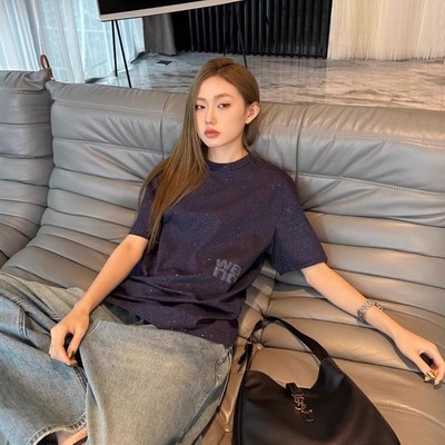 闪粉亮片字母圆领宽松短袖t恤