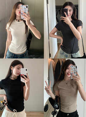 CC 肌理感圆领正肩T恤女2024新款小个子辣妹修身显瘦短款上衣