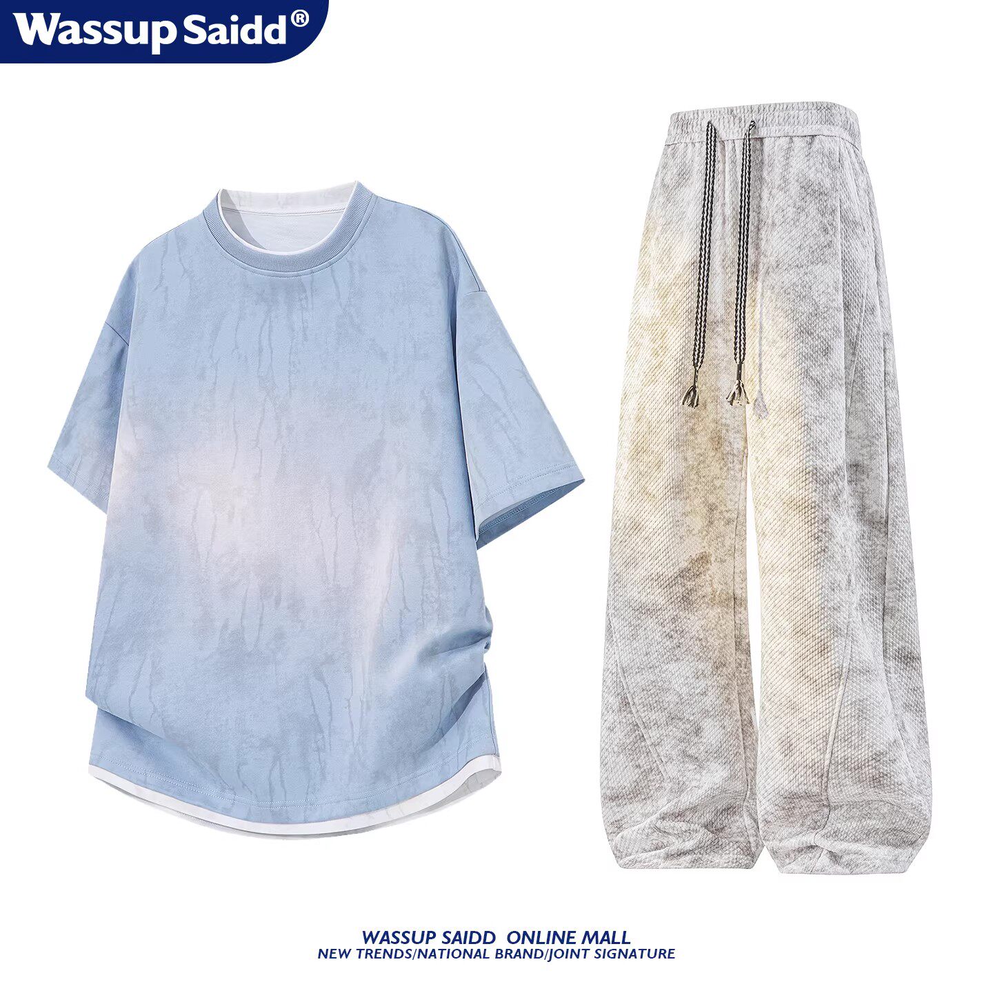 WASSUP SAIDD新款扎染假两件短袖T恤长裤男春夏季百搭休闲套装