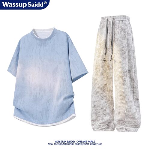 WASSUP SAIDD新款扎染假两件短袖T恤长裤男春夏季百搭休闲套装