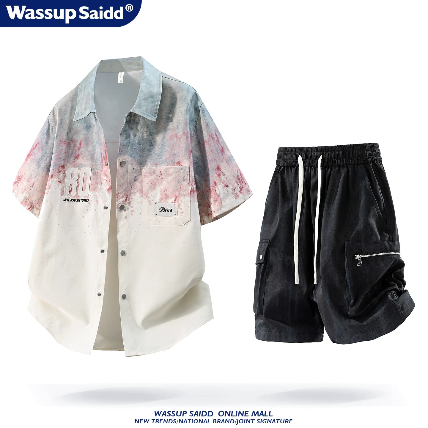 WASSUP SAIDD扎染渐变衬衫套装男夏季短袖外套休闲工装短裤青少年图片