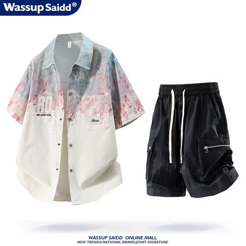 WASSUP SAIDD扎染渐变衬衫套装男夏季短袖外套休闲工装短裤青少年