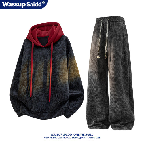 WASSUP SAIDD美式风扎染连帽卫衣套装男春秋季新款休闲长裤潮