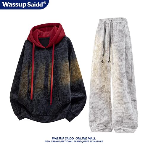 WASSUP SAIDD扎染美式连帽卫衣男春秋运动套装宽松男款休闲长裤潮