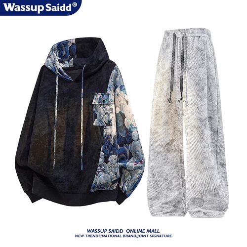 WASSUP SAIDD扎染拼接连帽宽松卫衣套装男秋冬季设计感美式长裤潮