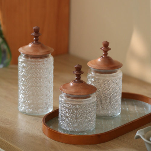 法式中古风乌檀木盖密封罐 厨房储物罐 样板房摆设 复古咖啡豆储