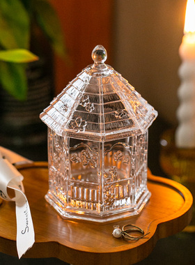 玻璃花房收纳罐 棉签收纳 首饰盒糖罐糖缸浮雕蝴蝶花朵厨房储物