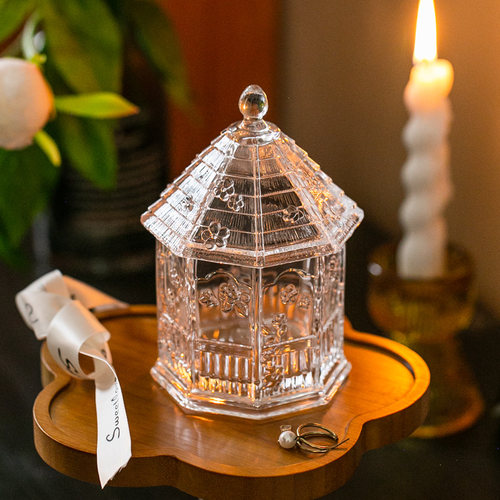 玻璃花房收纳罐 棉签收纳 首饰盒糖罐糖缸浮雕蝴蝶花朵厨房储物