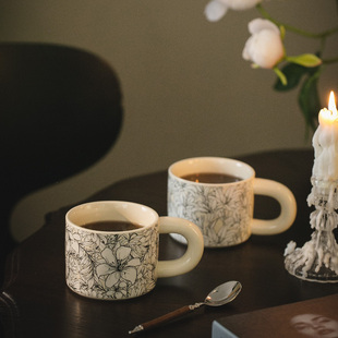 奶油色鸢尾花陶瓷马克杯 法式 咖啡水杯茶杯牛奶早餐杯好看高颜值