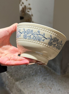 网红复古风蓝色玫瑰花陶瓷餐具家用珠点米饭沙拉碗高脚排骨汤面碗