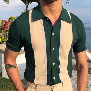 绿色流行POLO衫欧美风熟男翻领撞色T恤衫单排扣开衫针织新款男装