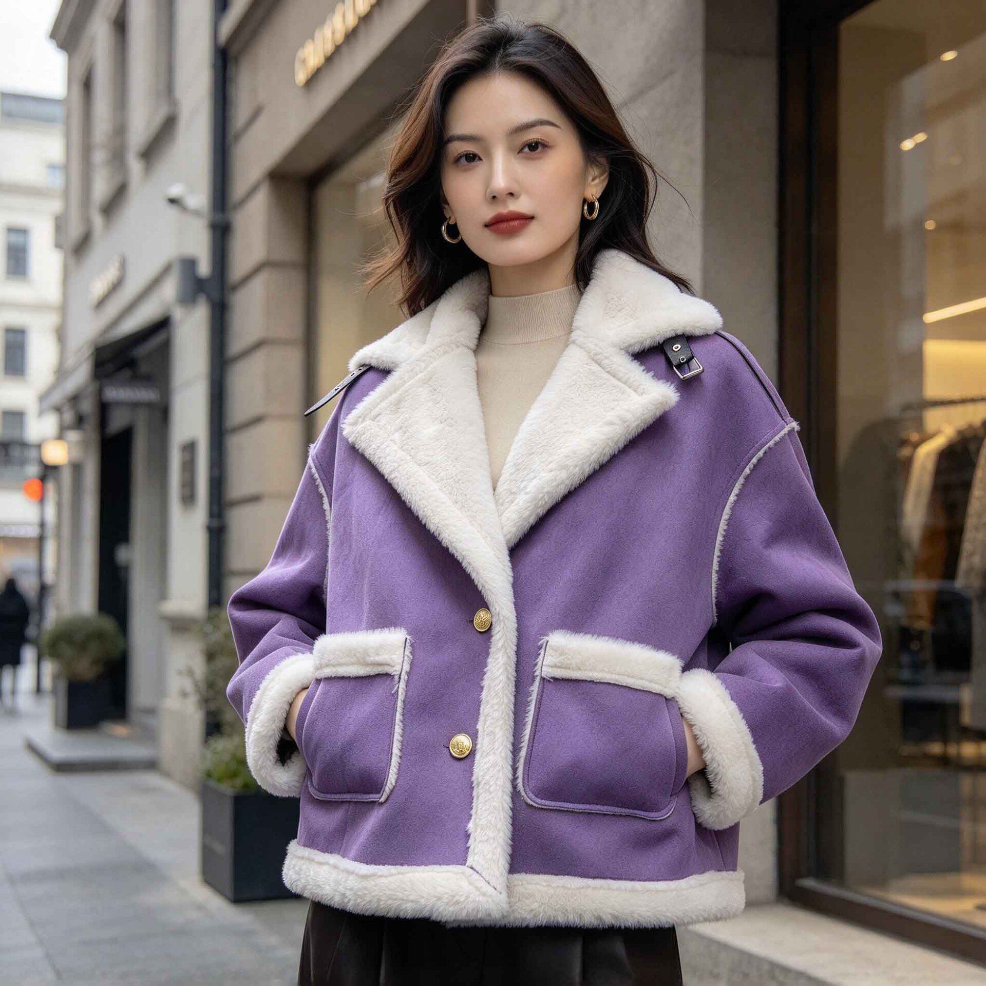 大翻领女士冬季毛绒夹克