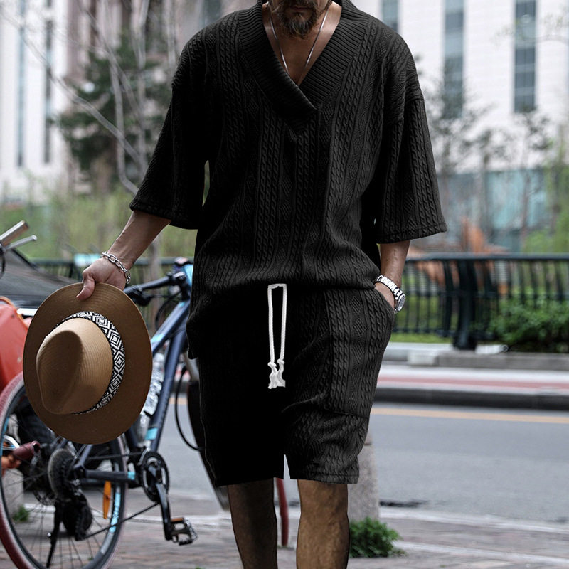 欧美新款宽松七分袖提花男士套装