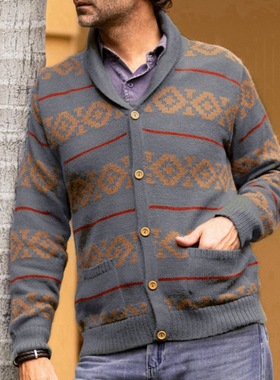 休闲复古亚马逊秋冬新款男装欧美条纹提花针织衫长袖灰色开衫毛衣