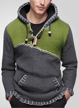 Amazon men's hooded sweater长袖撞色针织衫手工勾花连帽毛衣男