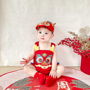 薄款 周岁礼服男宝宝女童红色中式 抓周婴儿百天衣服三角包屁衣夏装