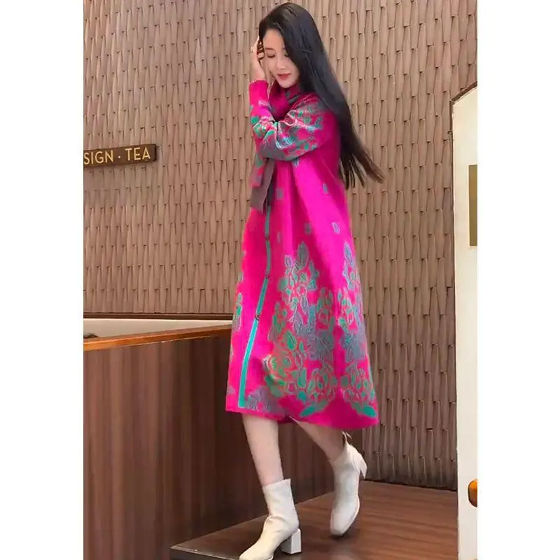 秋冬季新款中长款过膝毛衣裙女遮肉宽松大码针织羊毛民族风连衣裙