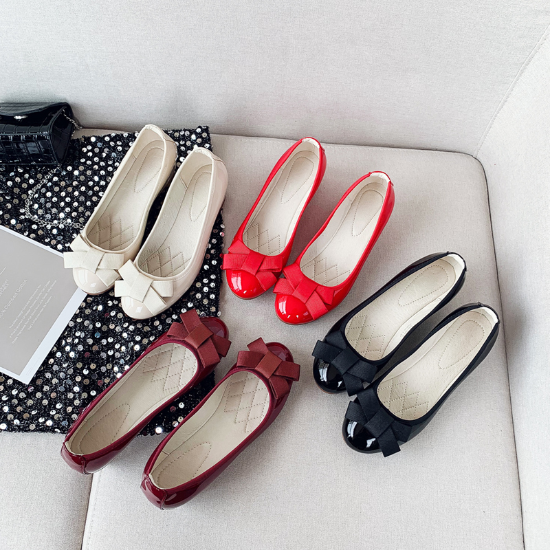 圆头蝴蝶结浅口坡跟豆豆鞋女真皮酒红色中跟软底鞋内增高蛋卷单鞋