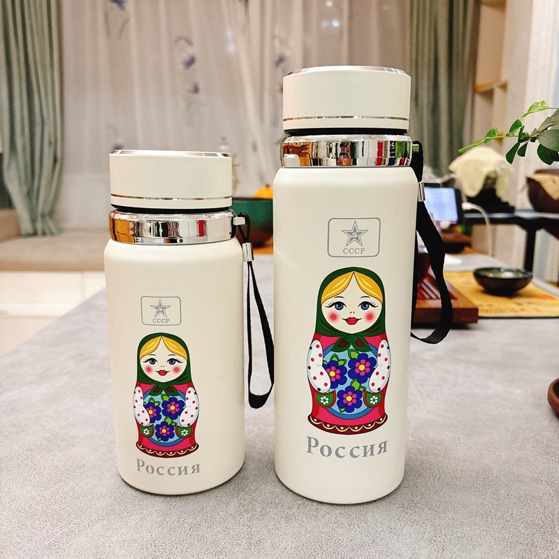 俄罗斯套娃图LED显示温度车载运动便携大容量保温水杯商务伴手礼