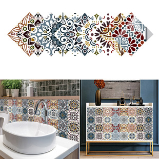 复古彩色花纹瓷砖贴地板楼梯踢脚线墙贴纸厨房浴室翻新装饰画防水