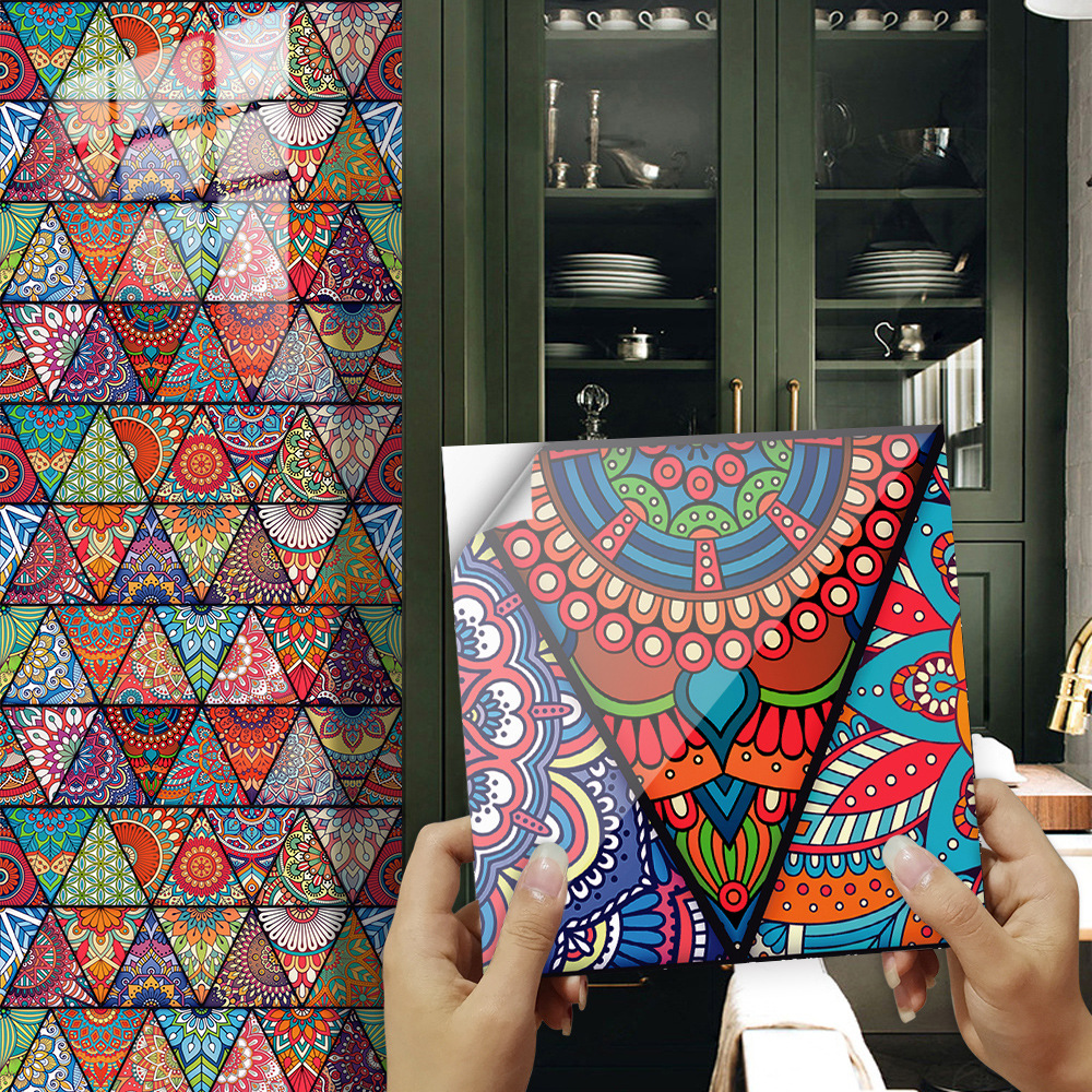 曼陀罗彩色花纹仿瓷砖贴地板楼梯橱柜客厅家居装饰画墙贴纸防油水图片